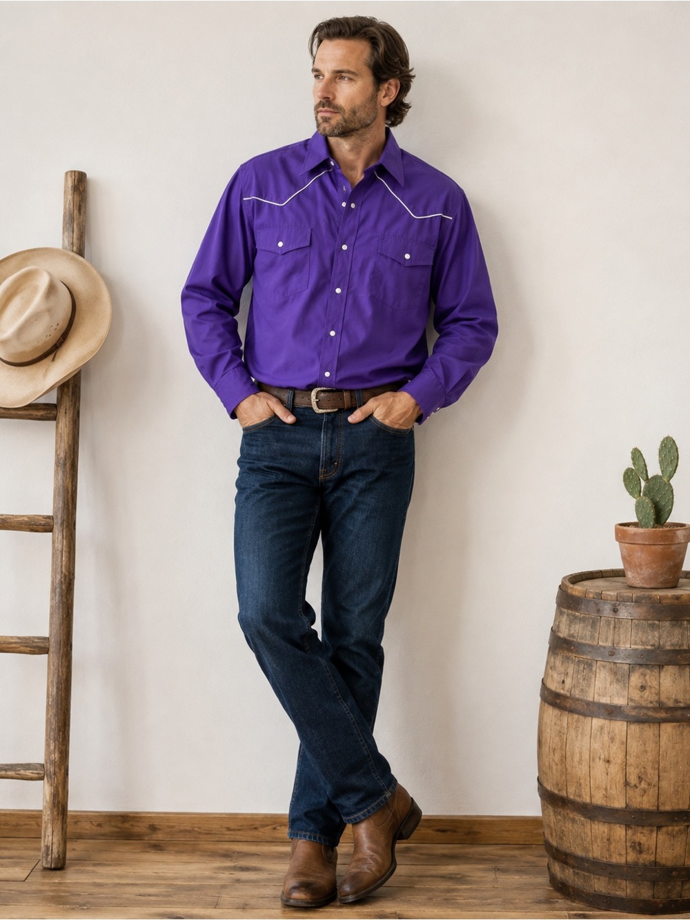 Vintage 90s High Noon Purple Pearl Snap Western Cowboy Shirt XL Long Sleeve